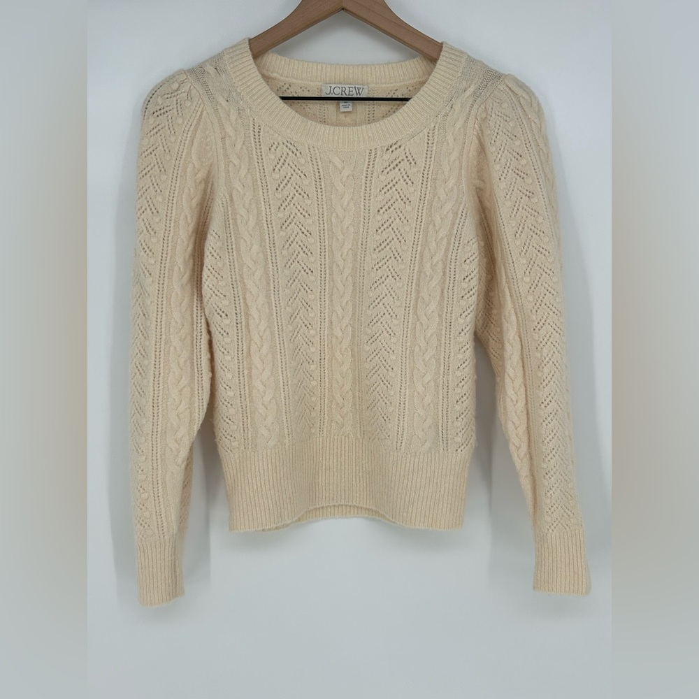 J. Crew Women's XS Cream Wool Alpaca Blend Pointelle Cable Knit Pullover Sweater